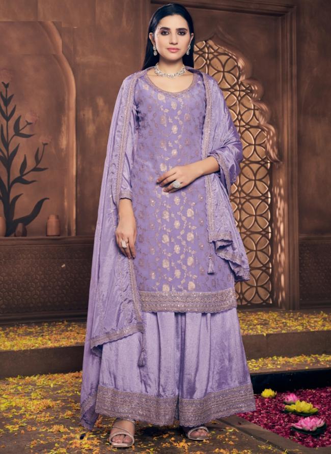 Viscose Lavender Wedding Wear Embroidery Work Plazzo Suit